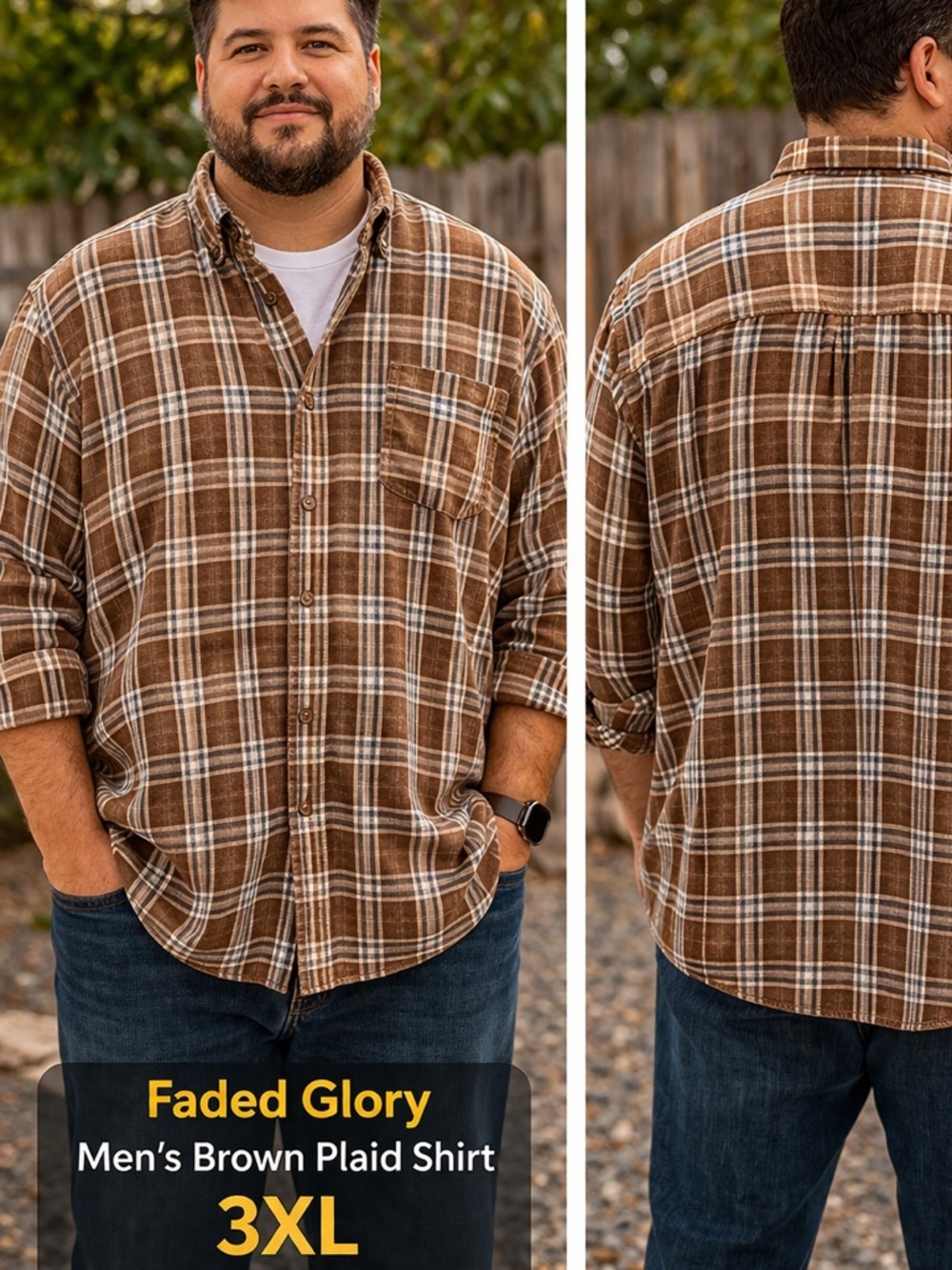 Faded glory Brown Plaid Men's Shirt 3XL